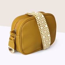 Classic Mustard Vegan Leather Camera Bag with Mustard & White Diamond Woven Strap by Peace of Mind